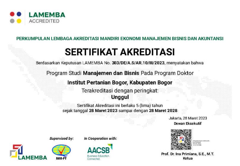 303 Sertifikat Peringkat Akreditasi Doktor Manajemen dan Bisnis Institut Pertanian Bogor